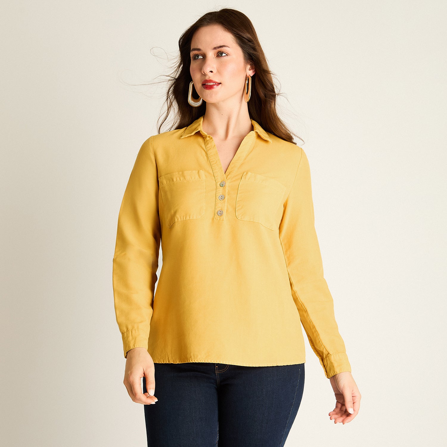 Blusa Mostaza en Lyocell con Bolsillos