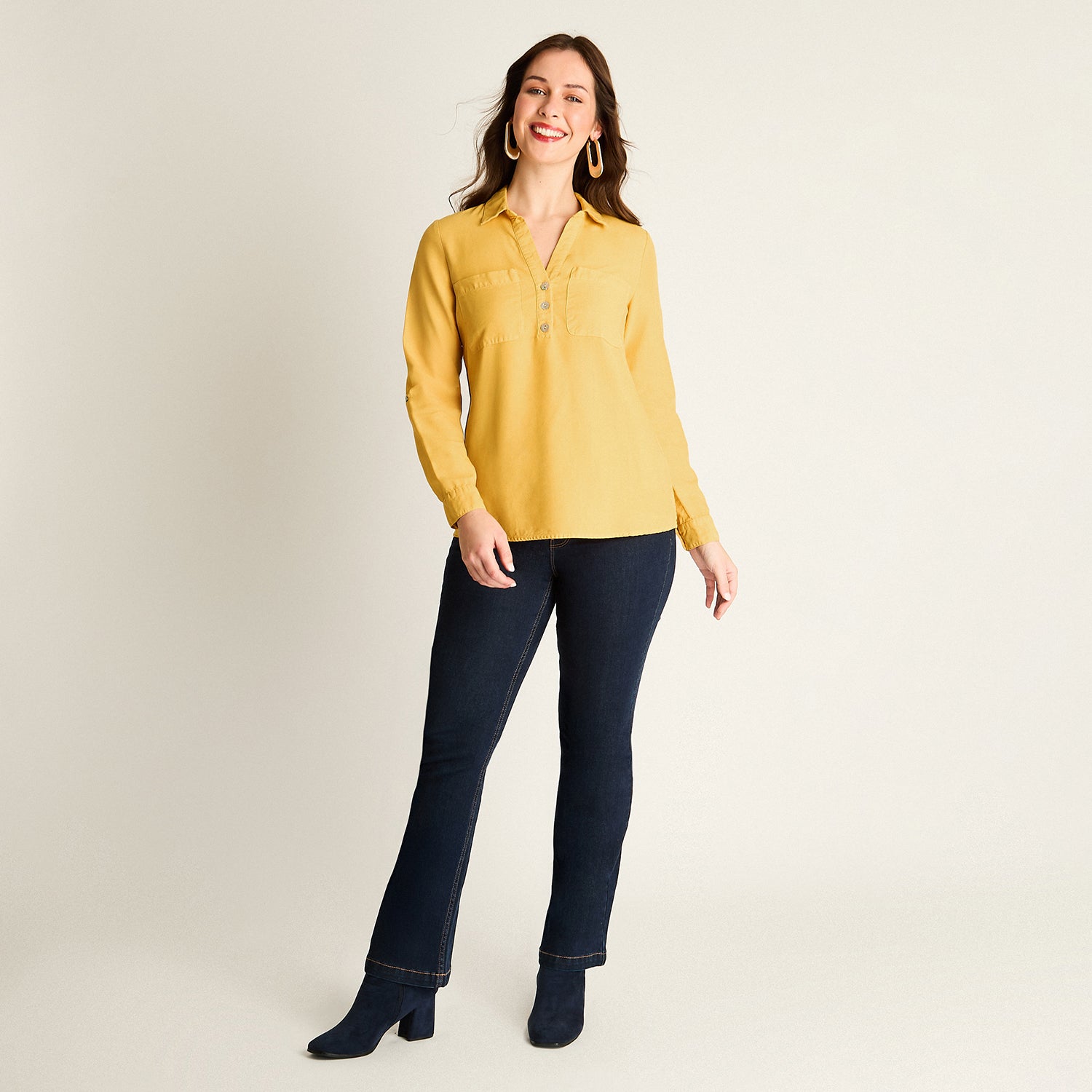 Blusa Mostaza en Lyocell con Bolsillos