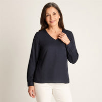 Blusa Azul Manga Larga con Botón en Espalda en modelo adulta