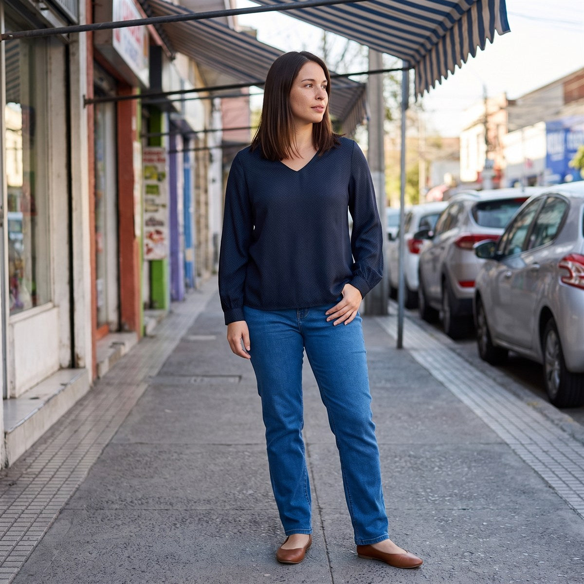 Blusa Azul Manga Larga con Botón en Espalda lifestyle