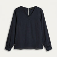 Blusa Azul Manga Larga con Botón en Espalda en plano