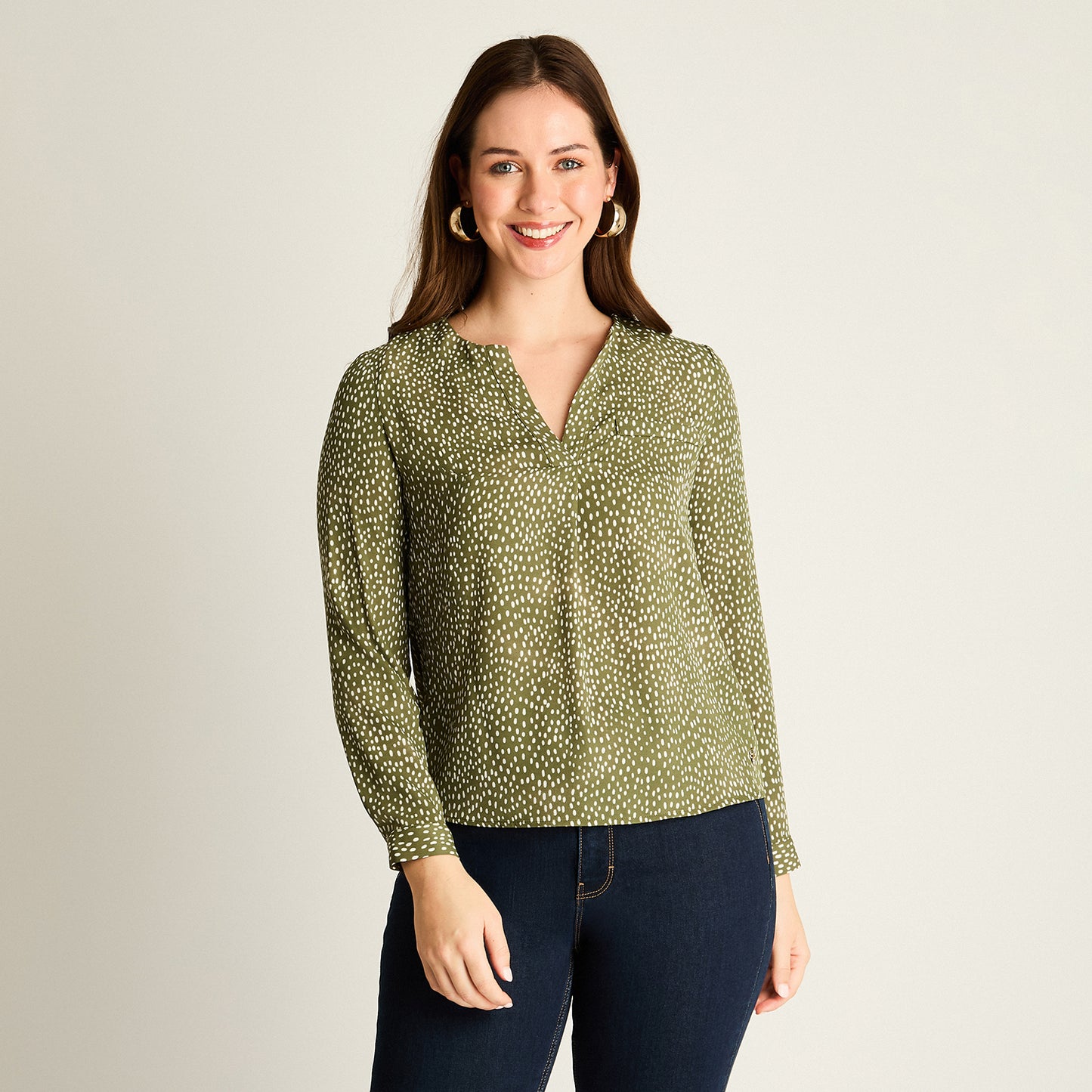 Blusa Verde Estampada con Escote en V