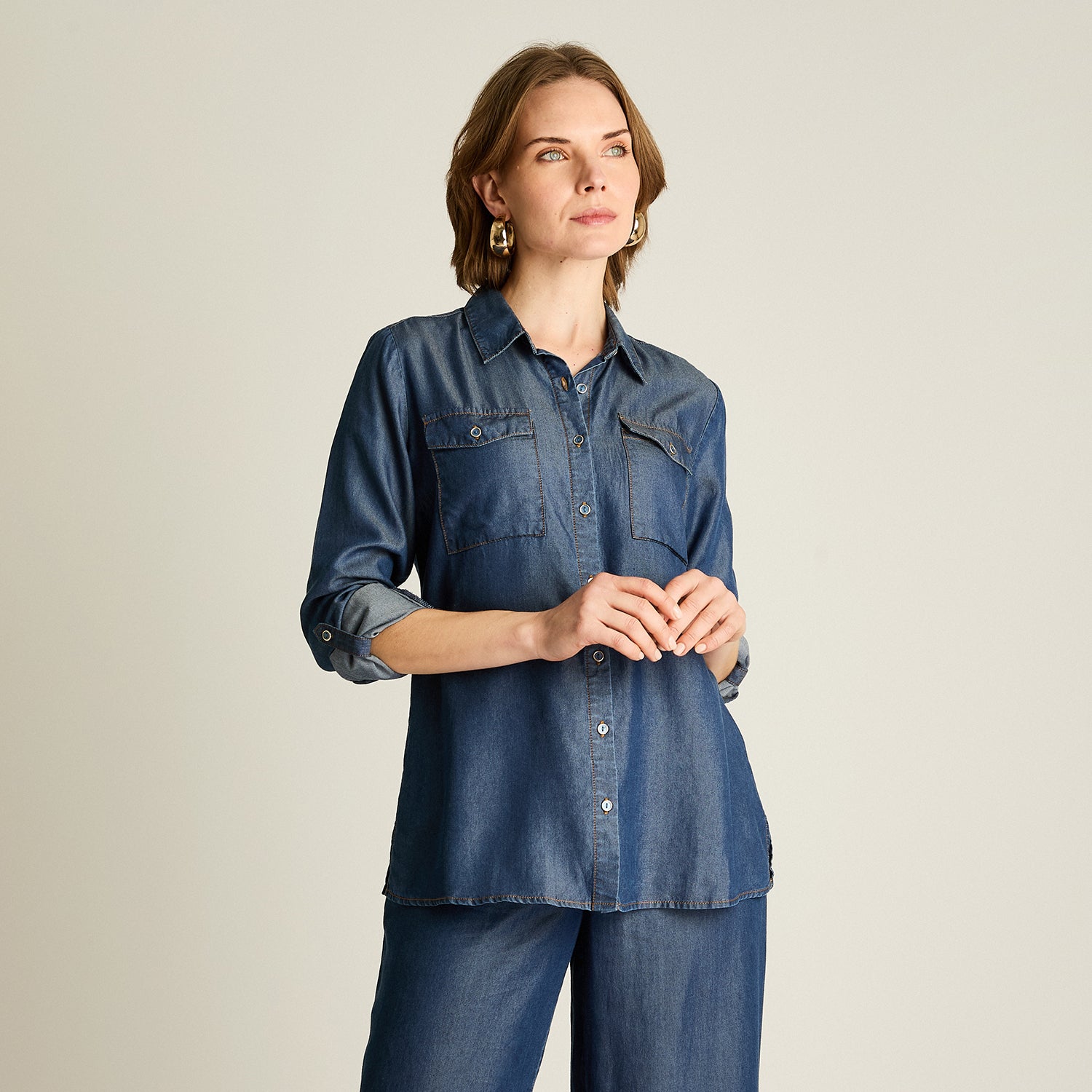 Blusa Azul Estilo Camisero en Lyocell