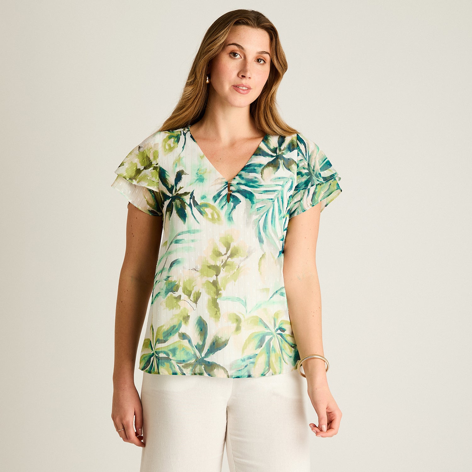 Blusa Verde Manga Corta Estampado Tropical