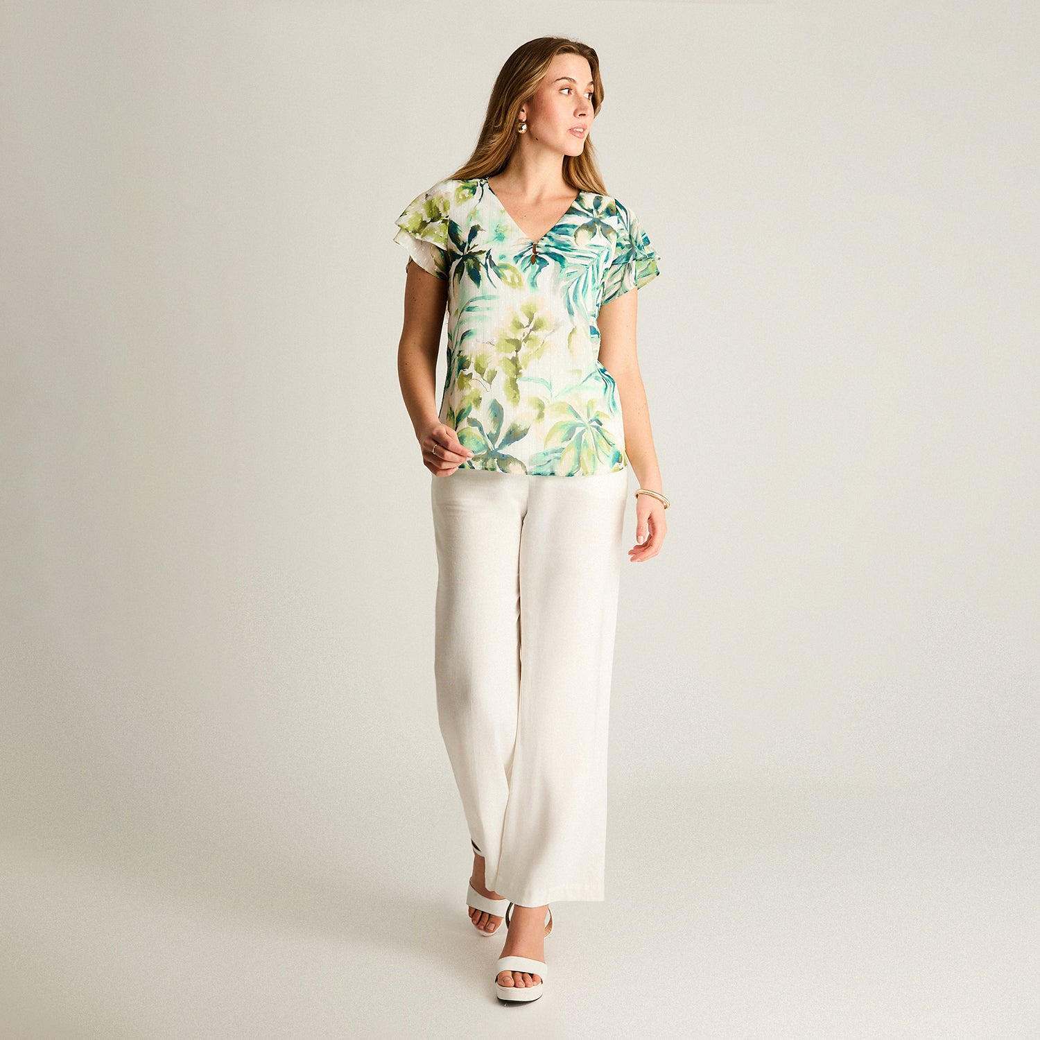 Blusa Verde Manga Corta Estampado Tropical