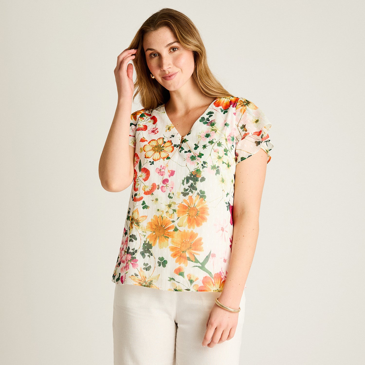 Blusa Naranjo Floral Manga Corta