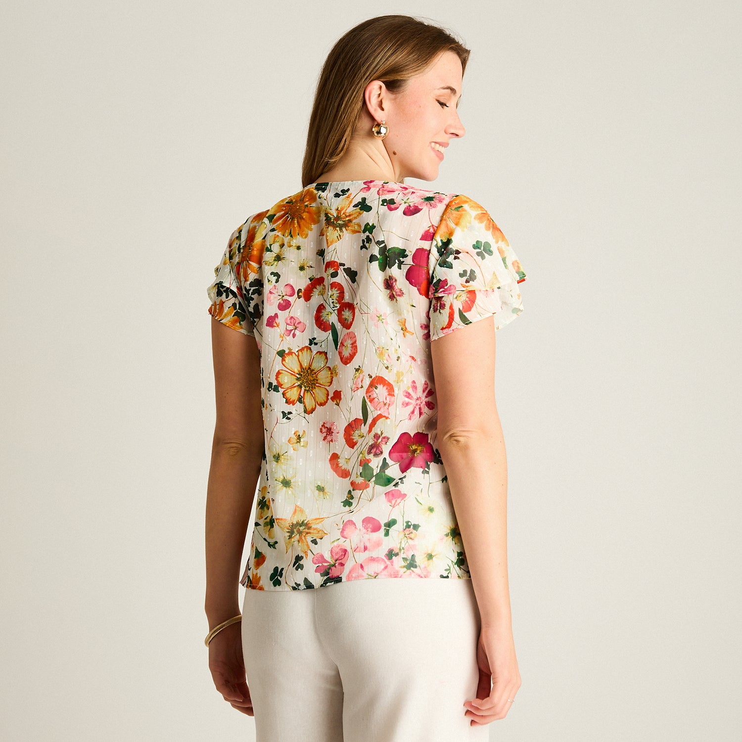 Blusa Naranjo Floral Manga Corta