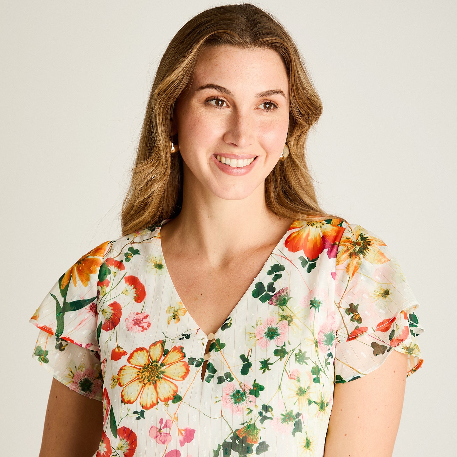 Blusa Naranjo Floral Manga Corta