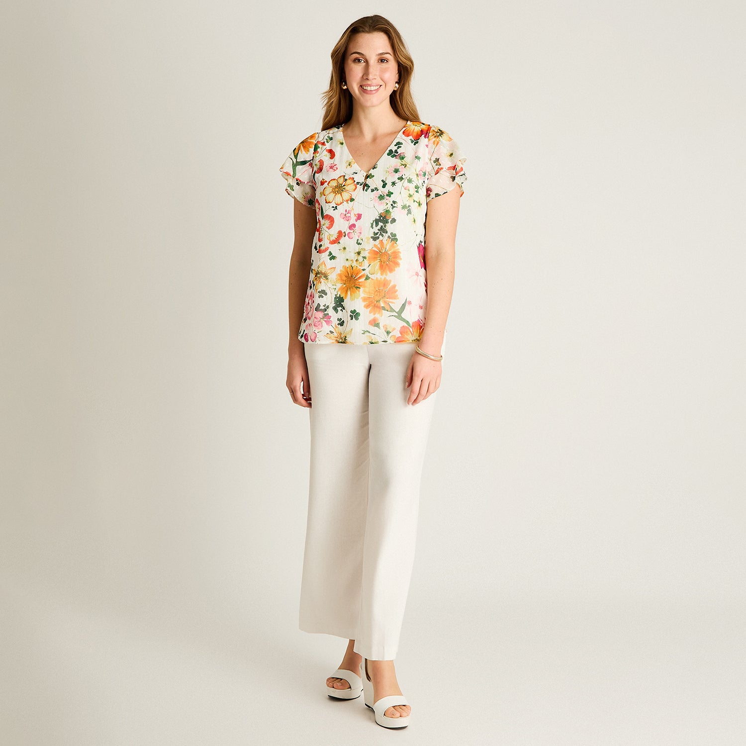 Blusa Naranjo Floral Manga Corta