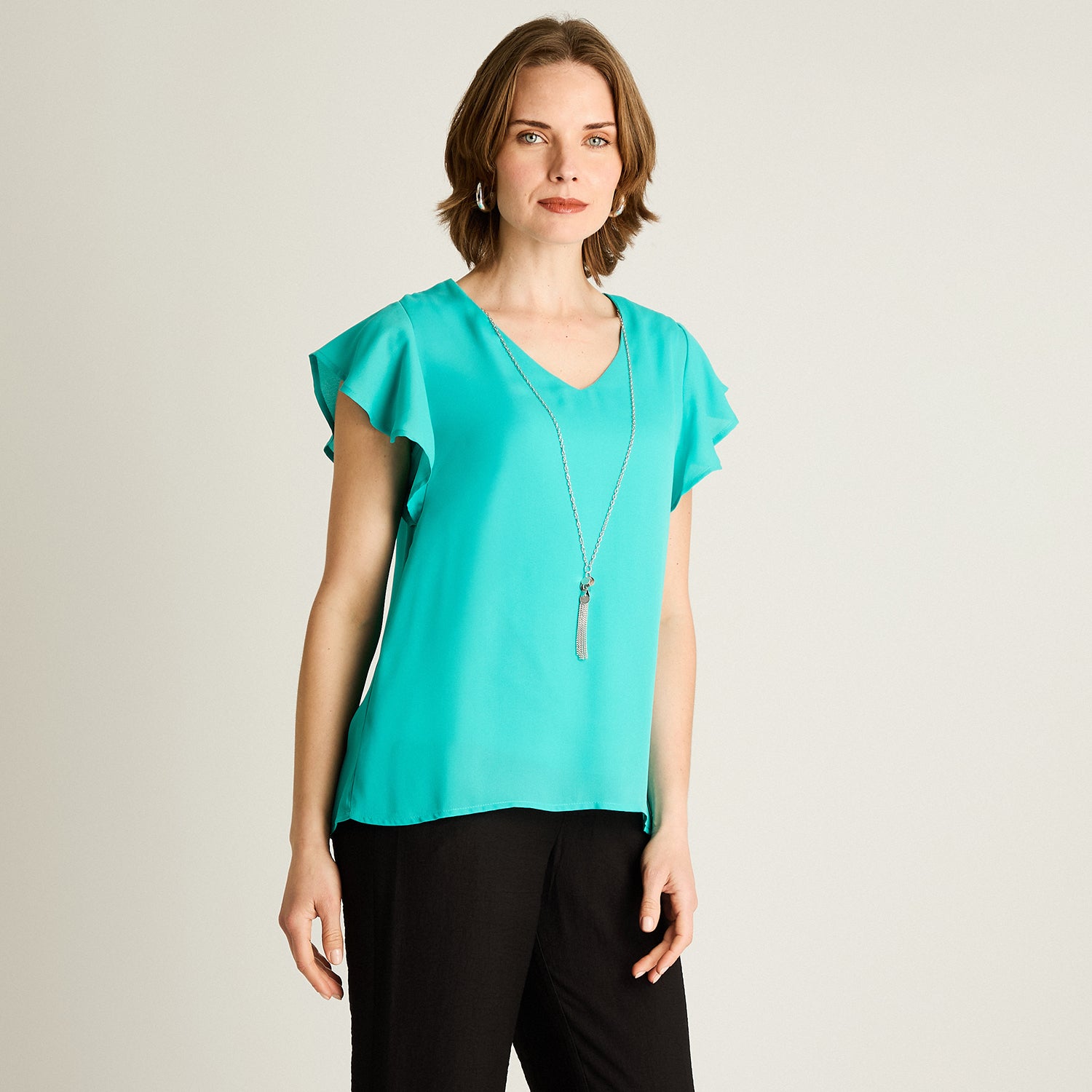 Blusa Celeste Manga Corta con Volantes