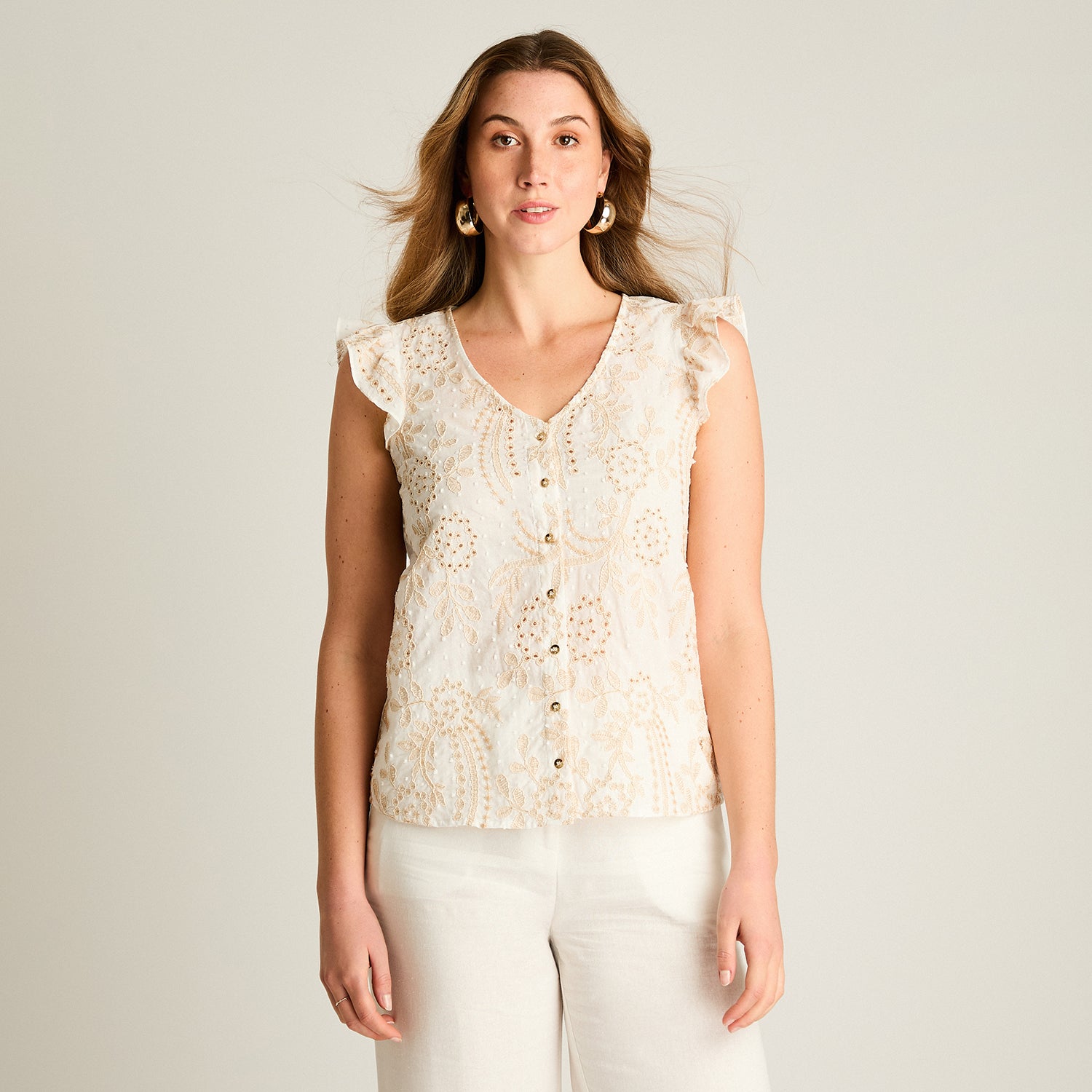 Blusa Beige Broderie con Volantes