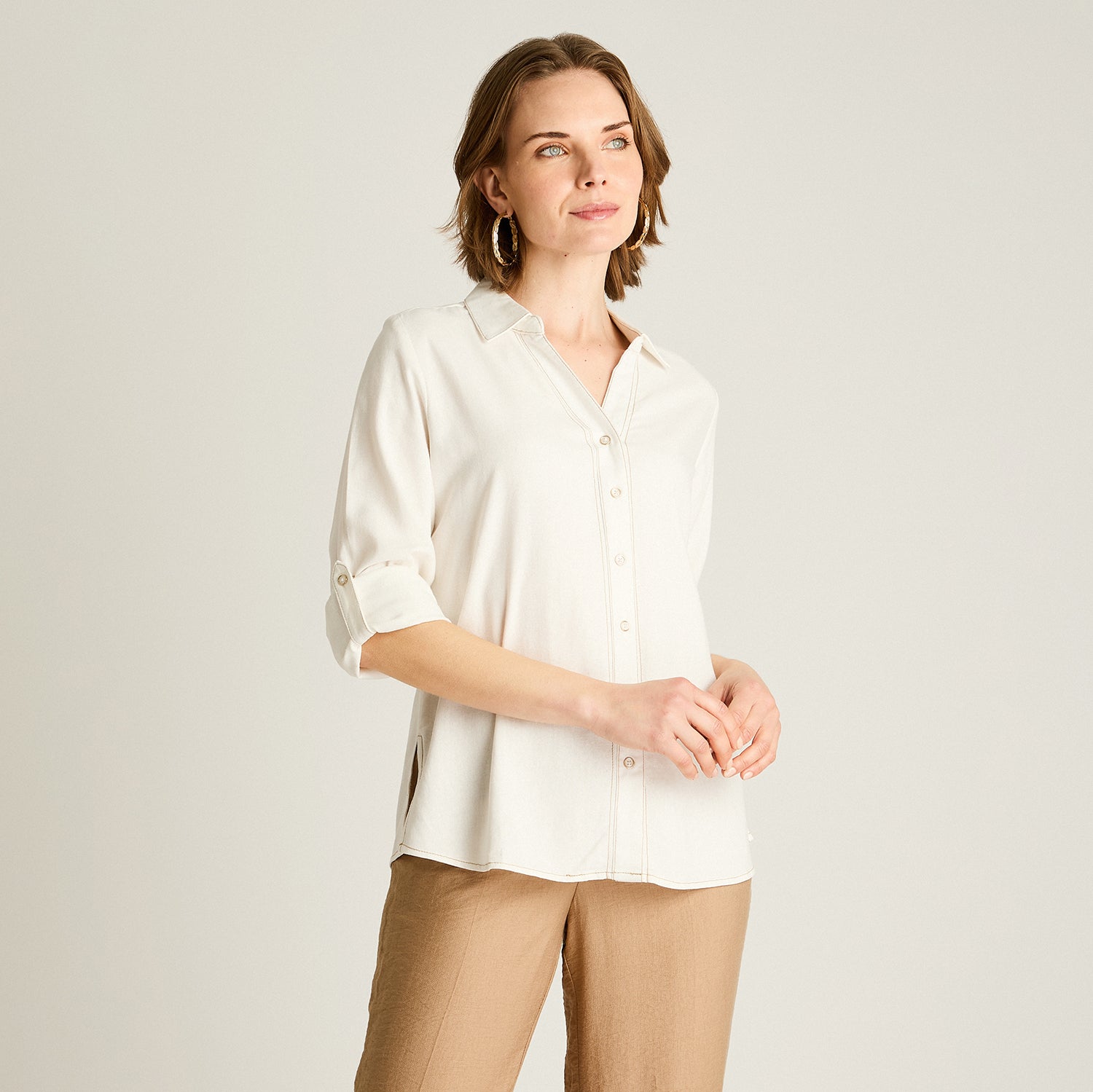 Blusa Crudo Camisera Clásica de Lino y Viscosa