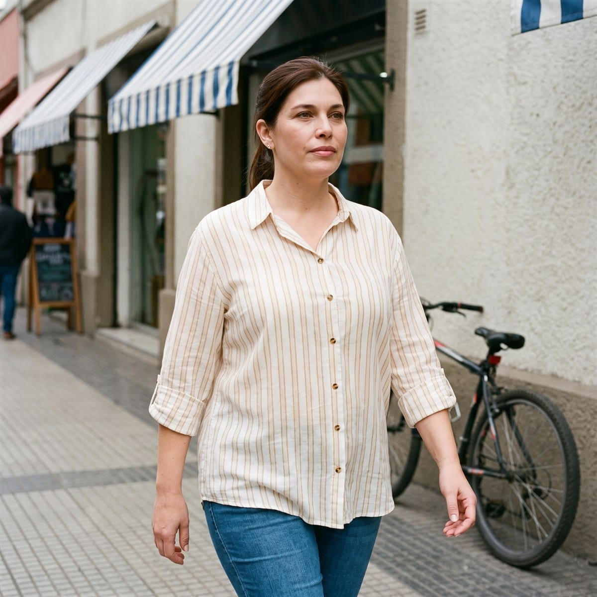 Blusa Cruda a Rayas con Manga Roll Up y Botones Dorados lifestyle