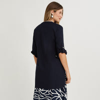 Blusa Azul Manga 3/4 No Elasticado Sin Forro Calce Holgado