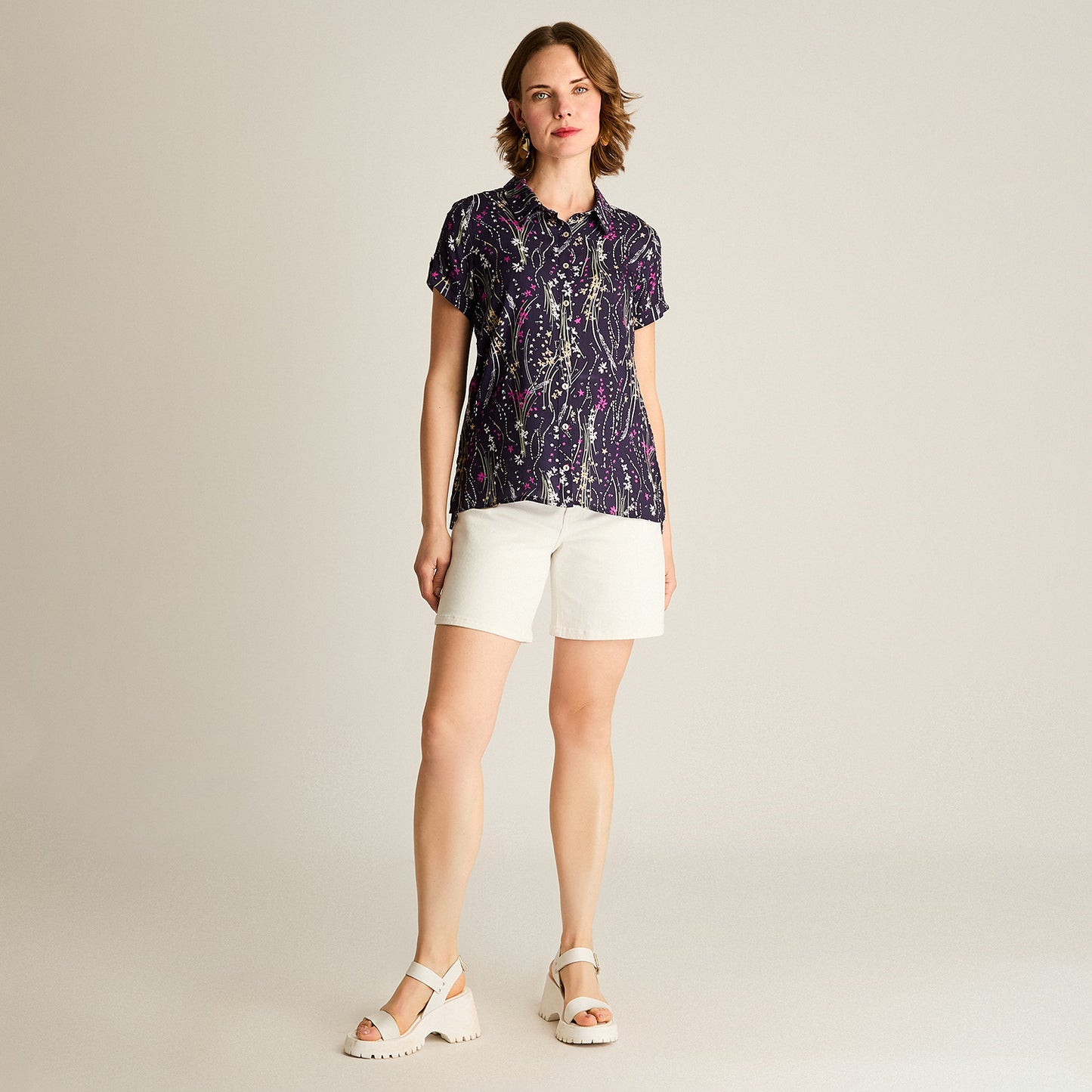 Blusa Azul Manga Corta No Elasticado Sin Forro Calce Normal