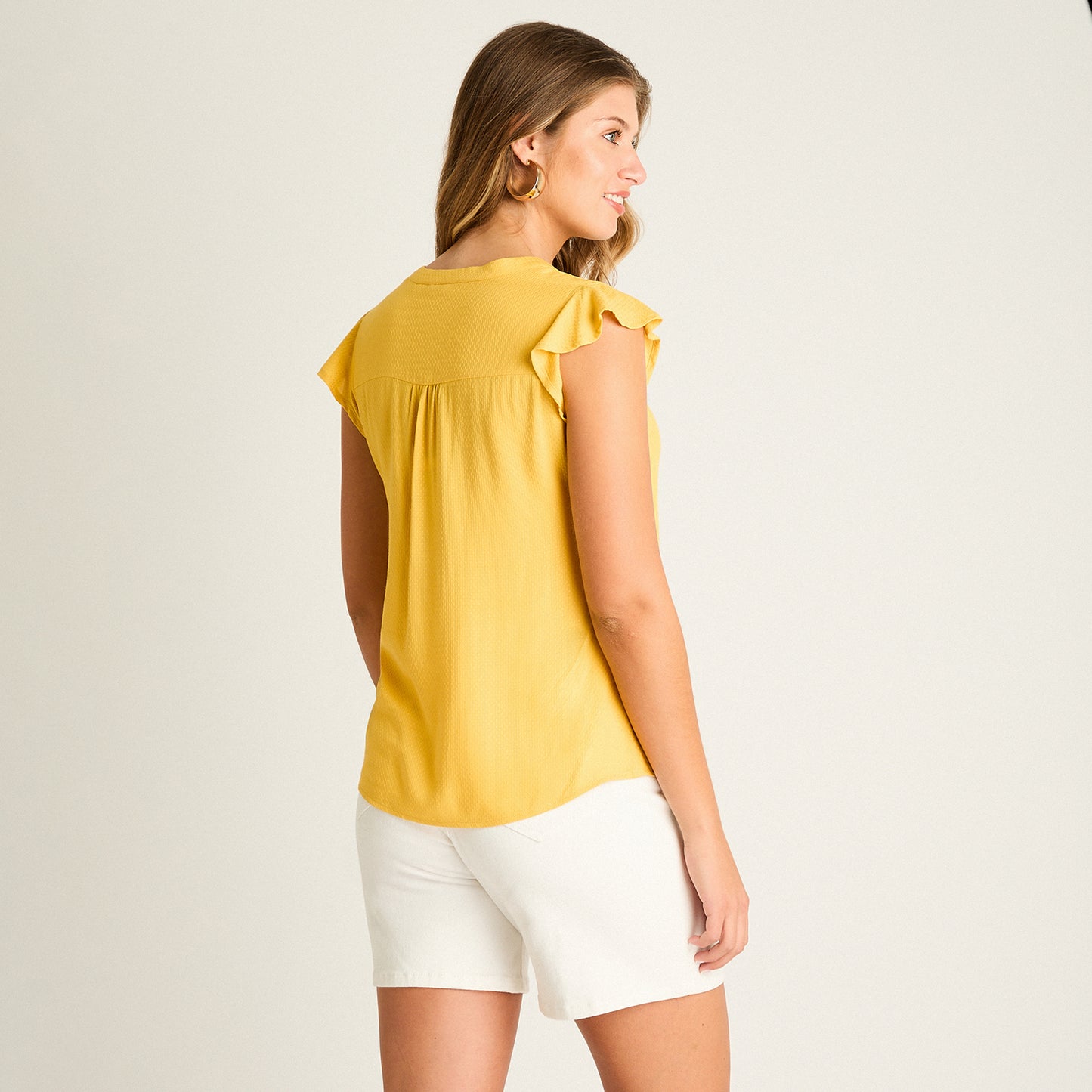 Blusa Mostaza Manga Corta No Elasticado Sin Forro Calce Normal