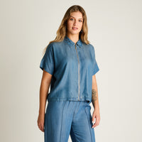 Blusa Azul Manga Corta No Elasticado Sin Forro Calce Normal
