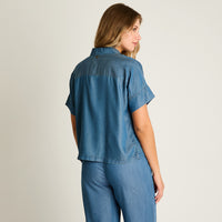 Blusa Azul Manga Corta No Elasticado Sin Forro Calce Normal