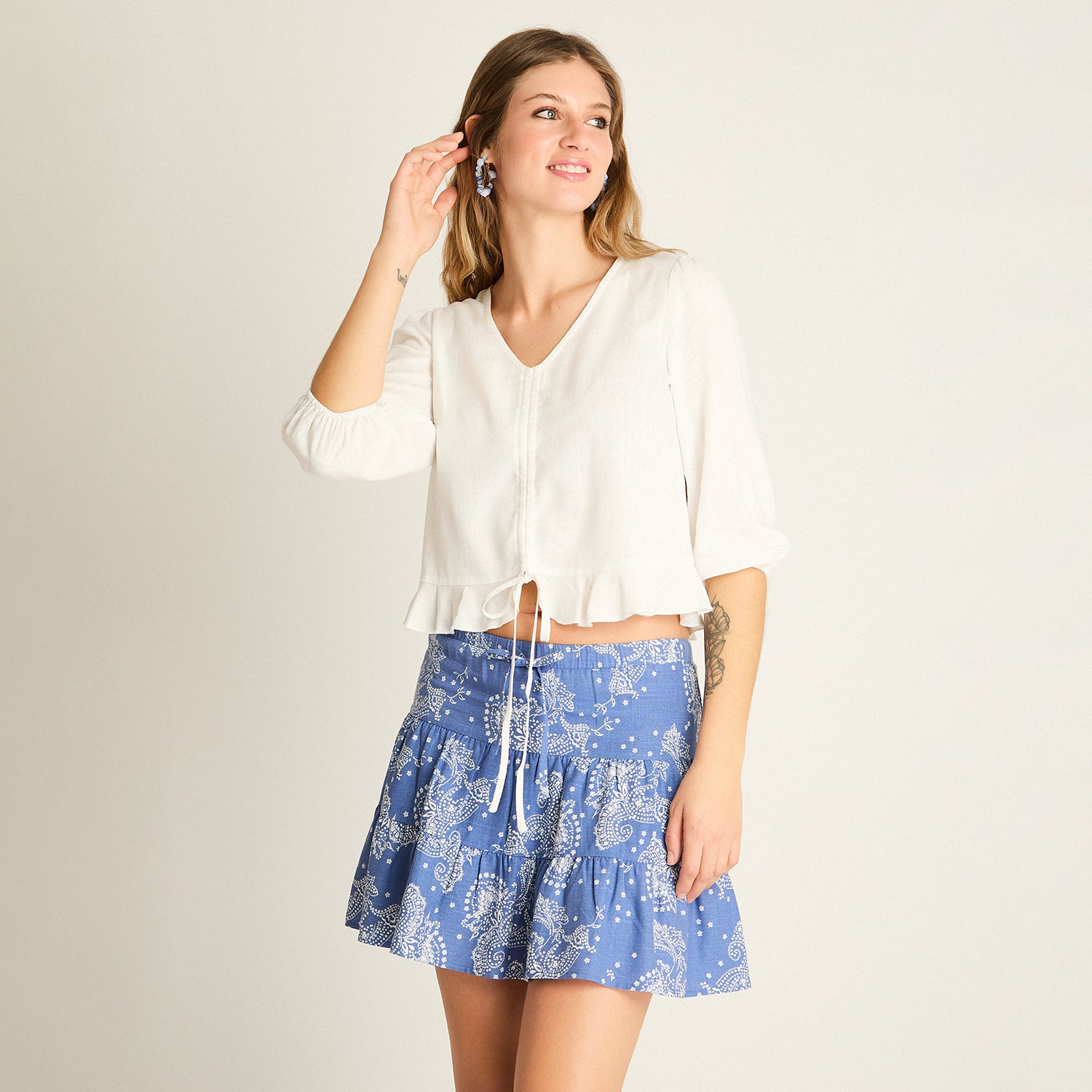 Blusa Blanco Manga 3/4 Amarre Frontal