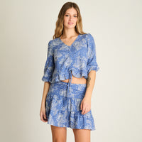 Blusa Azul Manga 3/4 Estampado Mediterráneo