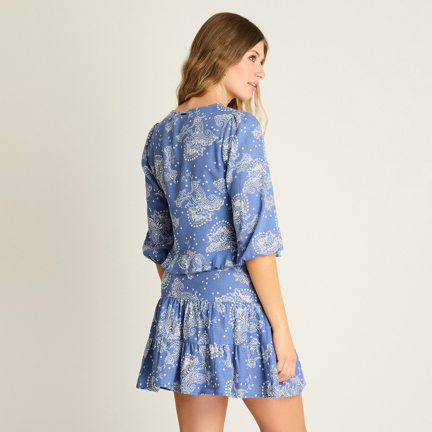 Blusa Azul Manga 3/4 Estampado Mediterráneo