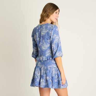 Blusa Azul Manga 3/4 Estampado Mediterráneo