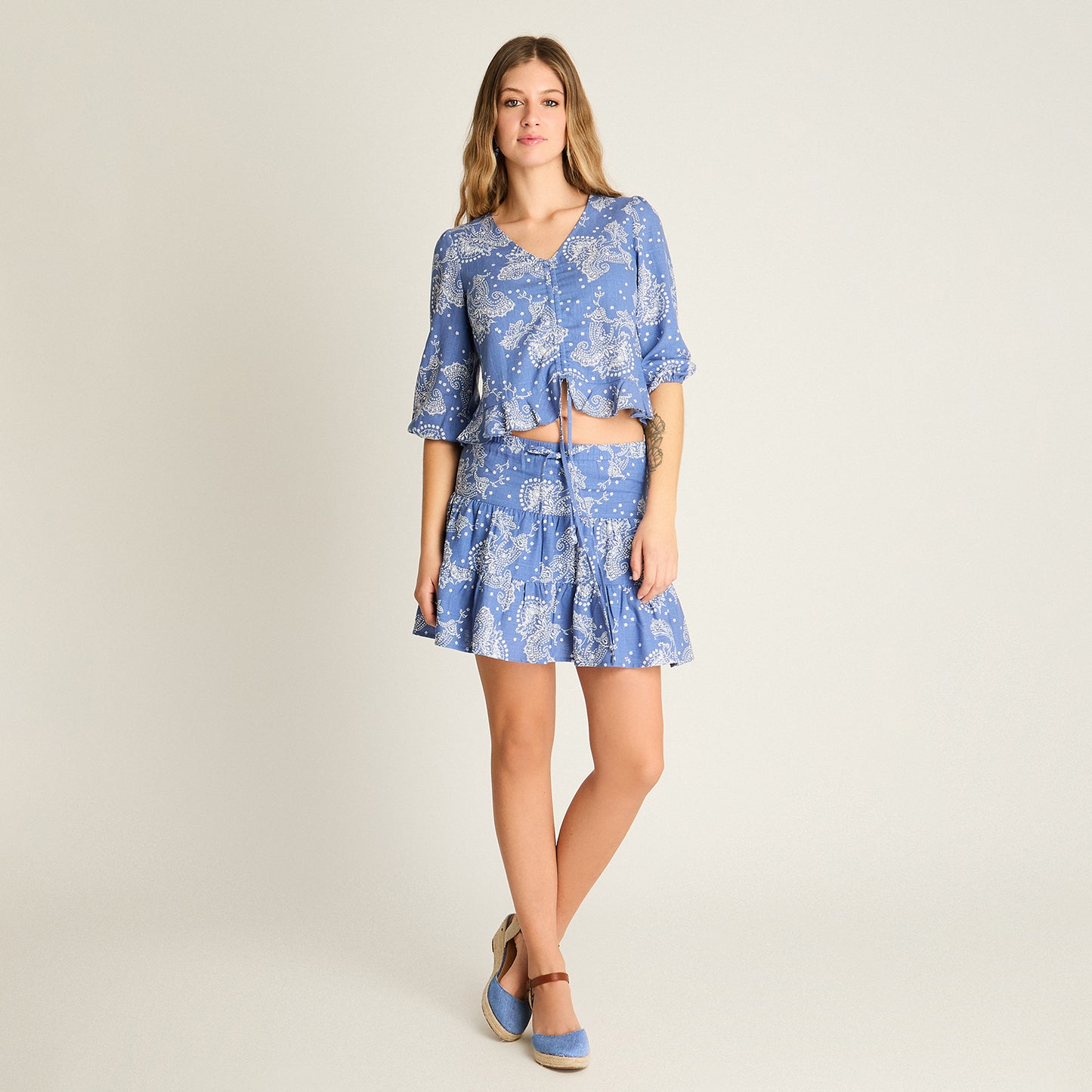 Blusa Azul Manga 3/4 Estampado Mediterráneo