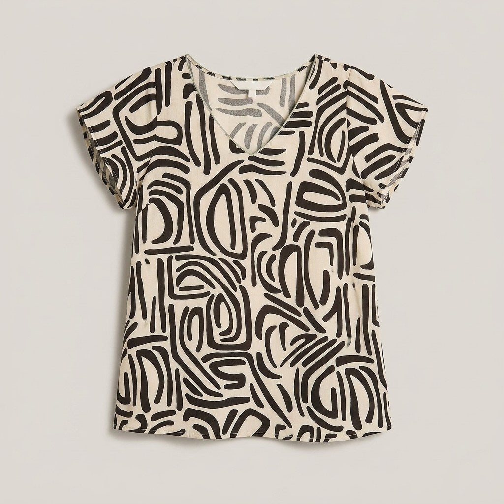 Blusa Arena Estampada con Escote en V y Manga Corta en plano