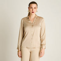 Blusa Beige Manga Larga Elasticidad Nula Sin Forro Calce Normal Tela Plano