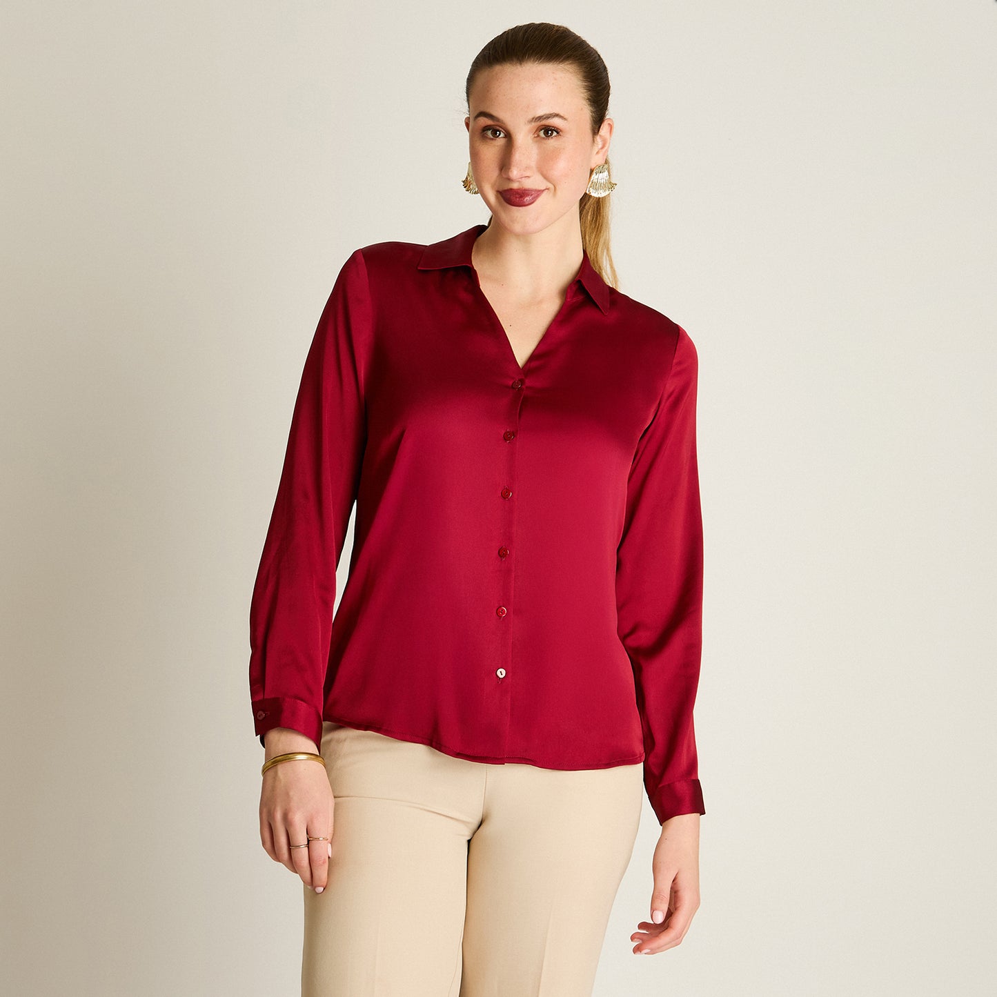 Blusa Rojo Manga Larga Elasticidad Nula Sin Forro Calce Normal Tela Plano