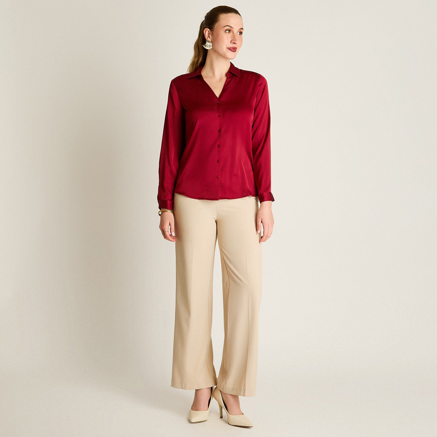 Blusa Rojo Manga Larga Elasticidad Nula Sin Forro Calce Normal Tela Plano