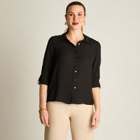 Blusa Negro Manga Larga Elasticidad Nula Sin Forro Calce Normal Tela Plano