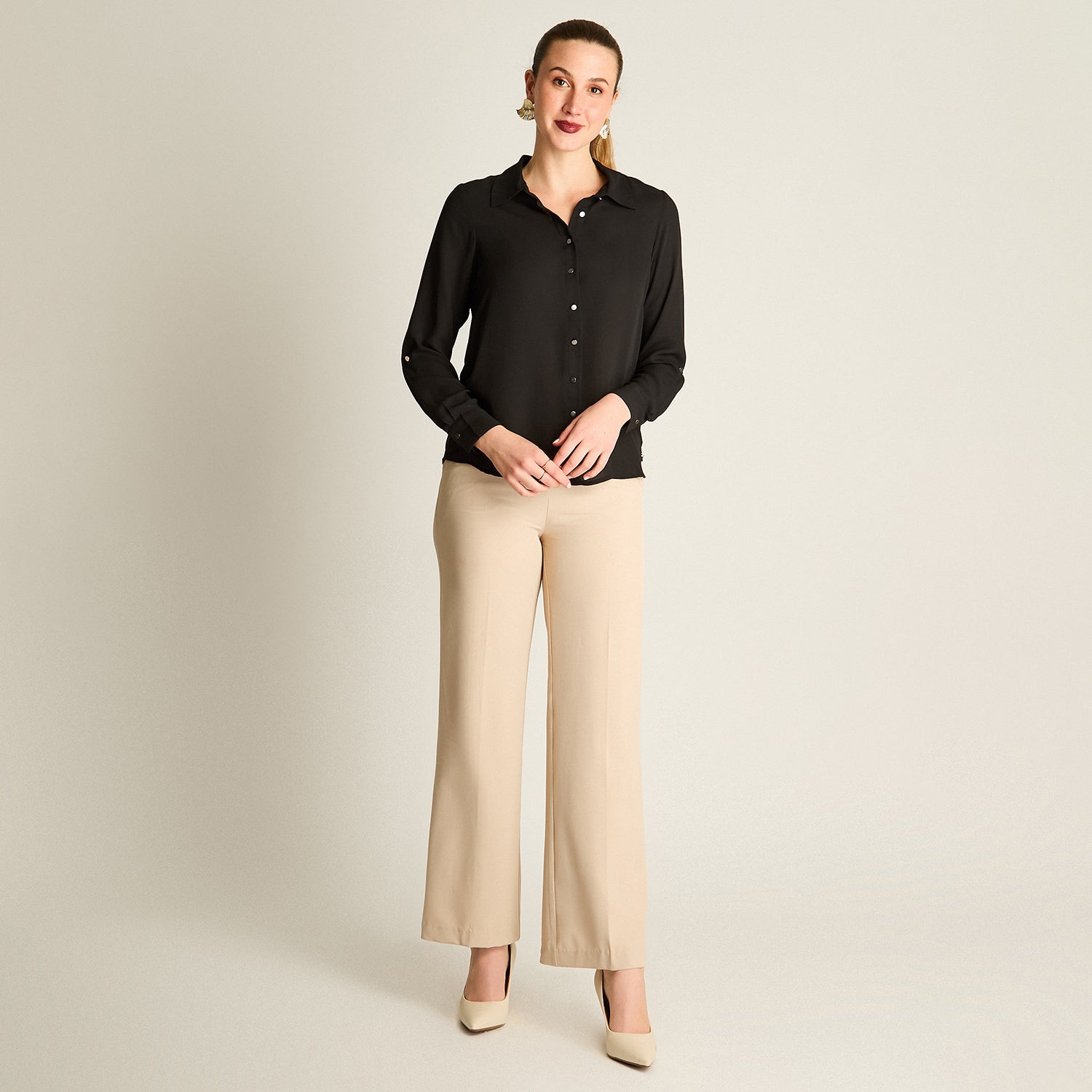 Blusa Negro Manga Larga Elasticidad Nula Sin Forro Calce Normal Tela Plano