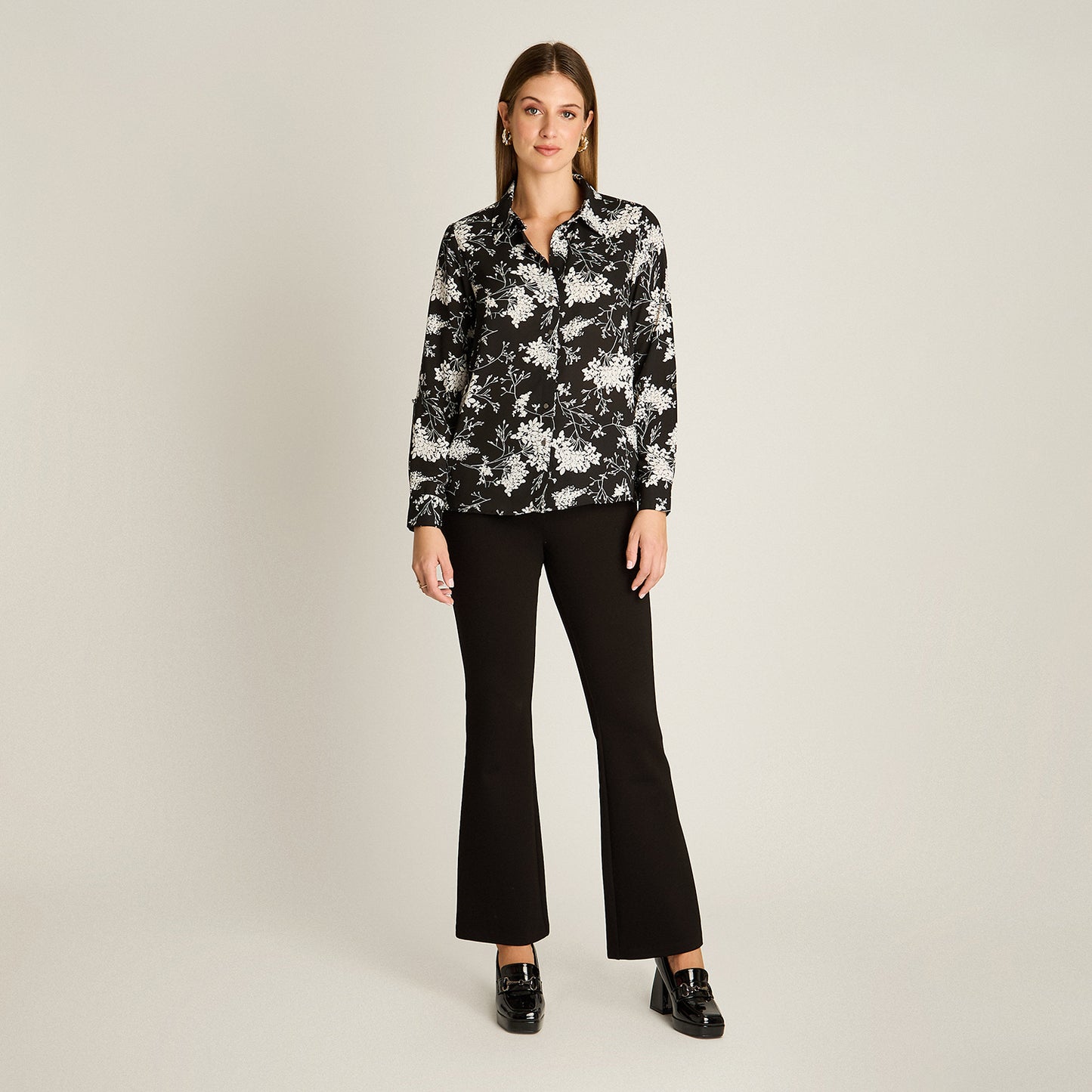 Blusa Blanco Manga Larga Elasticidad Nula Sin Forro Calce Normal Tela Plano