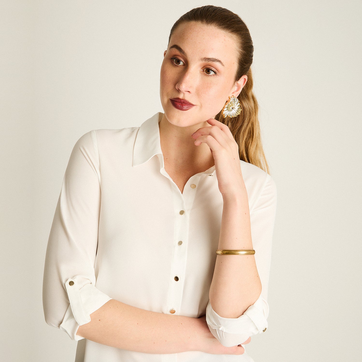 Blusa Crudo Manga Larga Elasticidad Nula Sin Forro Calce Normal Tela Plano