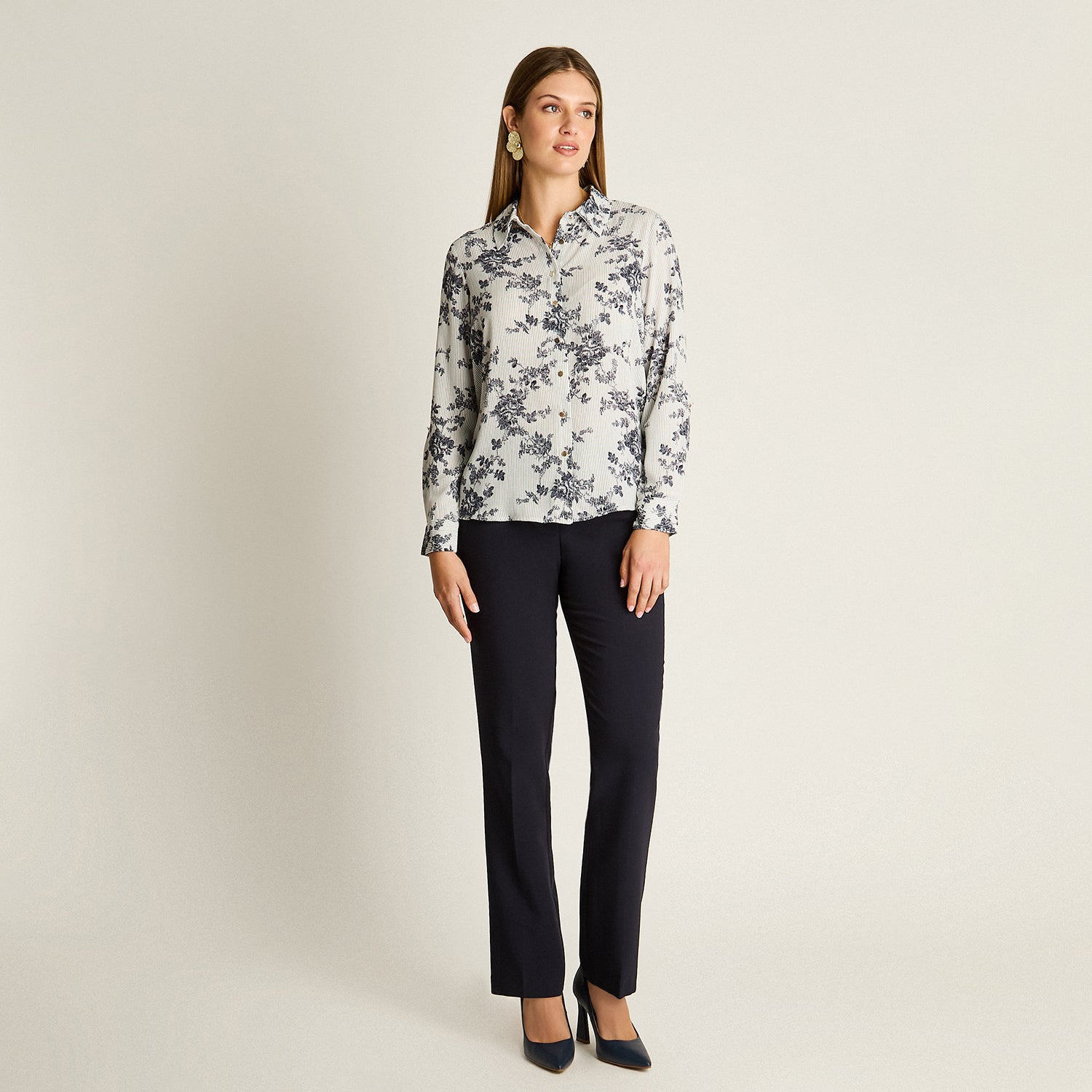 Blusa Azul Manga Larga Elasticidad Nula Sin Forro Calce Normal Tela Plano