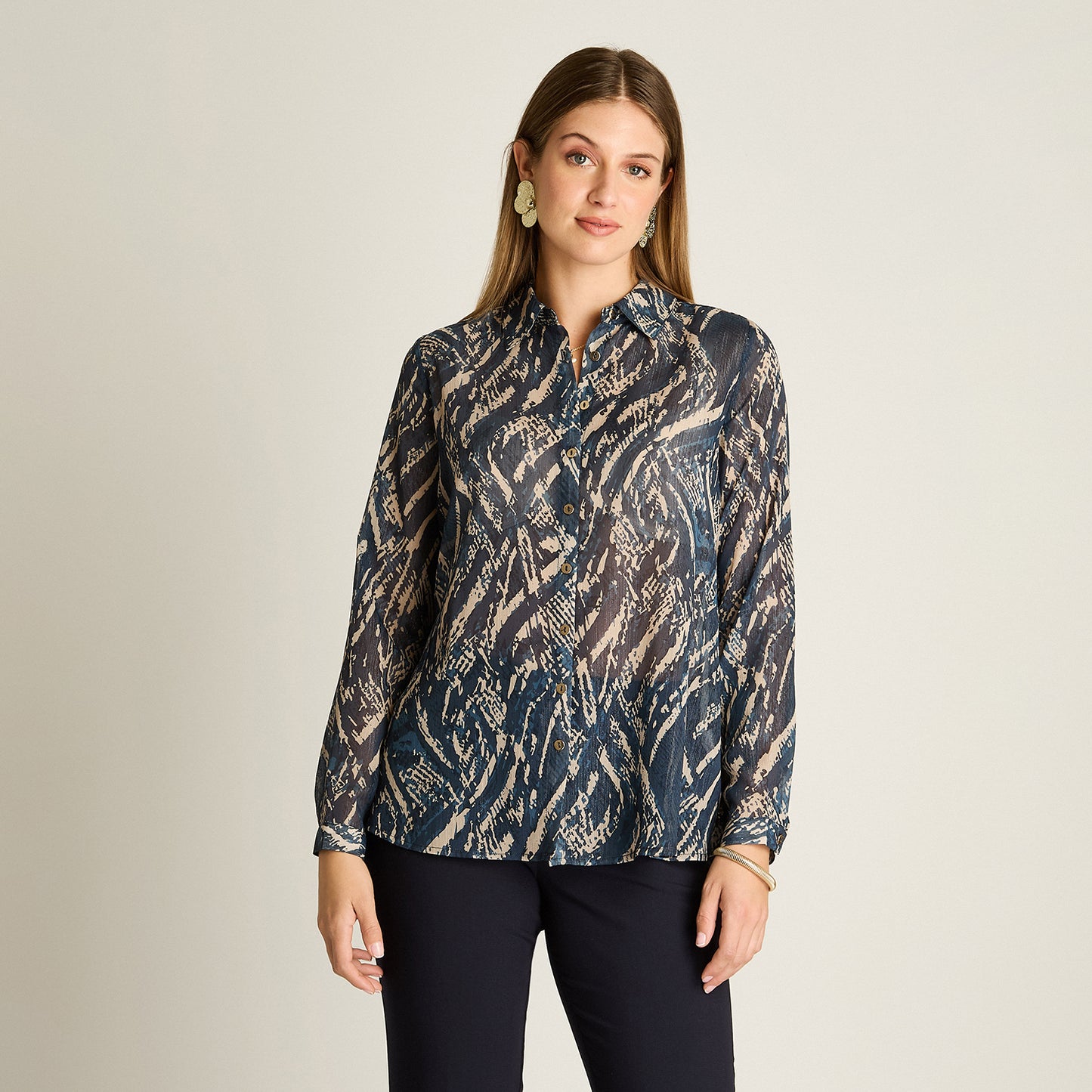 Blusa Azul Manga Larga Elasticidad Nula Sin Forro Calce Normal Tela Plano