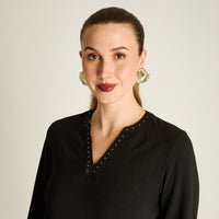 Blusa Negro Manga Larga Elasticidad Nula Sin Forro Calce Normal Tela Plano