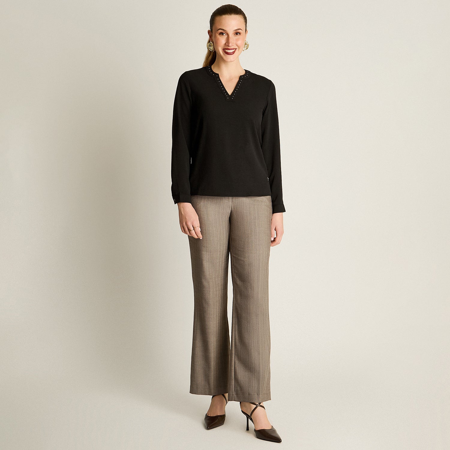 Blusa Negro Manga Larga Elasticidad Nula Sin Forro Calce Normal Tela Plano