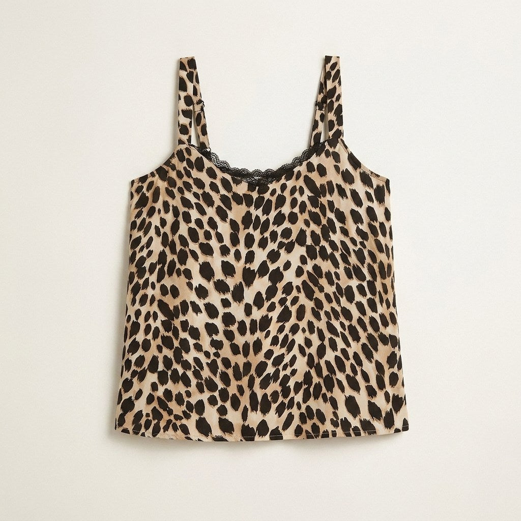 Blusa Pabilo Lencera Café Animal Print con Tirantes Ajustables en plano