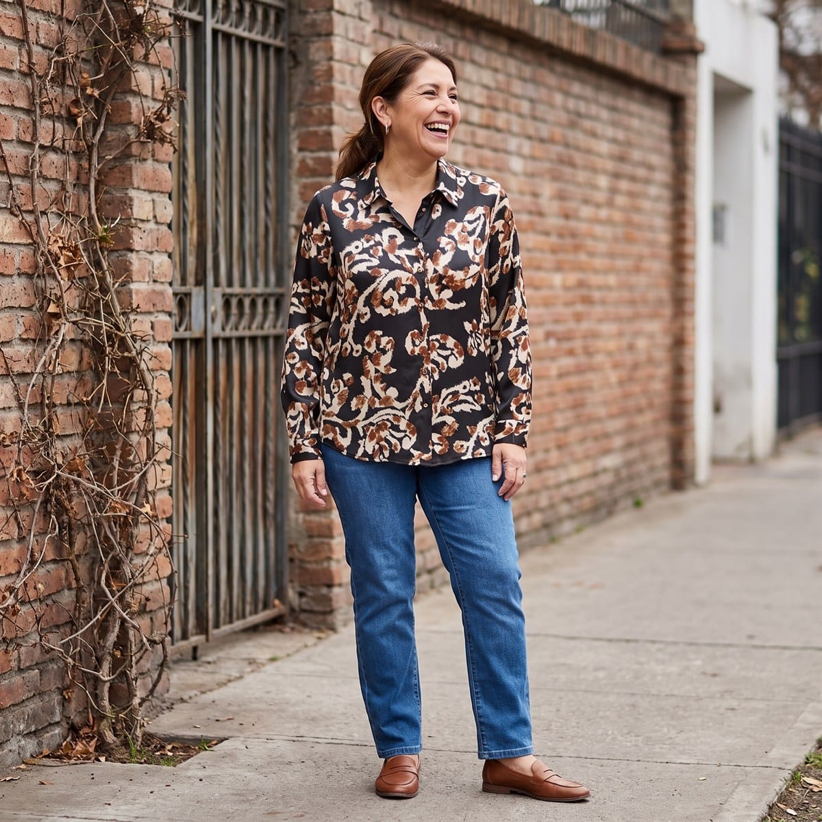 Blusa Camisera Negra con Estampado Floral y Manga Larga lifestyle