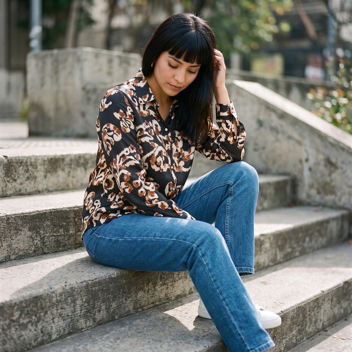 Blusa Camisera Negra con Estampado Floral y Manga Larga lifestyle