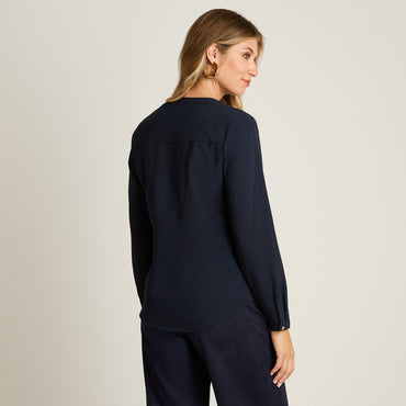 Blusa Azul Manga Larga Elasticidad Nula Sin Forro Calce Normal Tela Plano