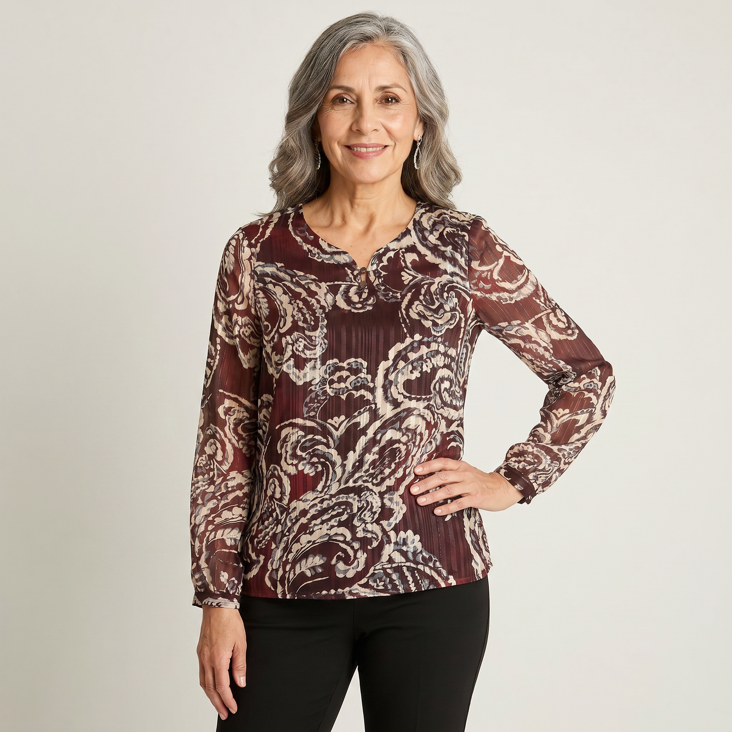 Blusa Burdeo Paisley con Lurex en modelo adulta