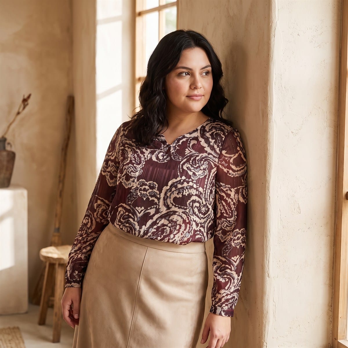 Blusa Burdeo Manga Larga Con Estampado Paisley Y Lúrex lifestyle