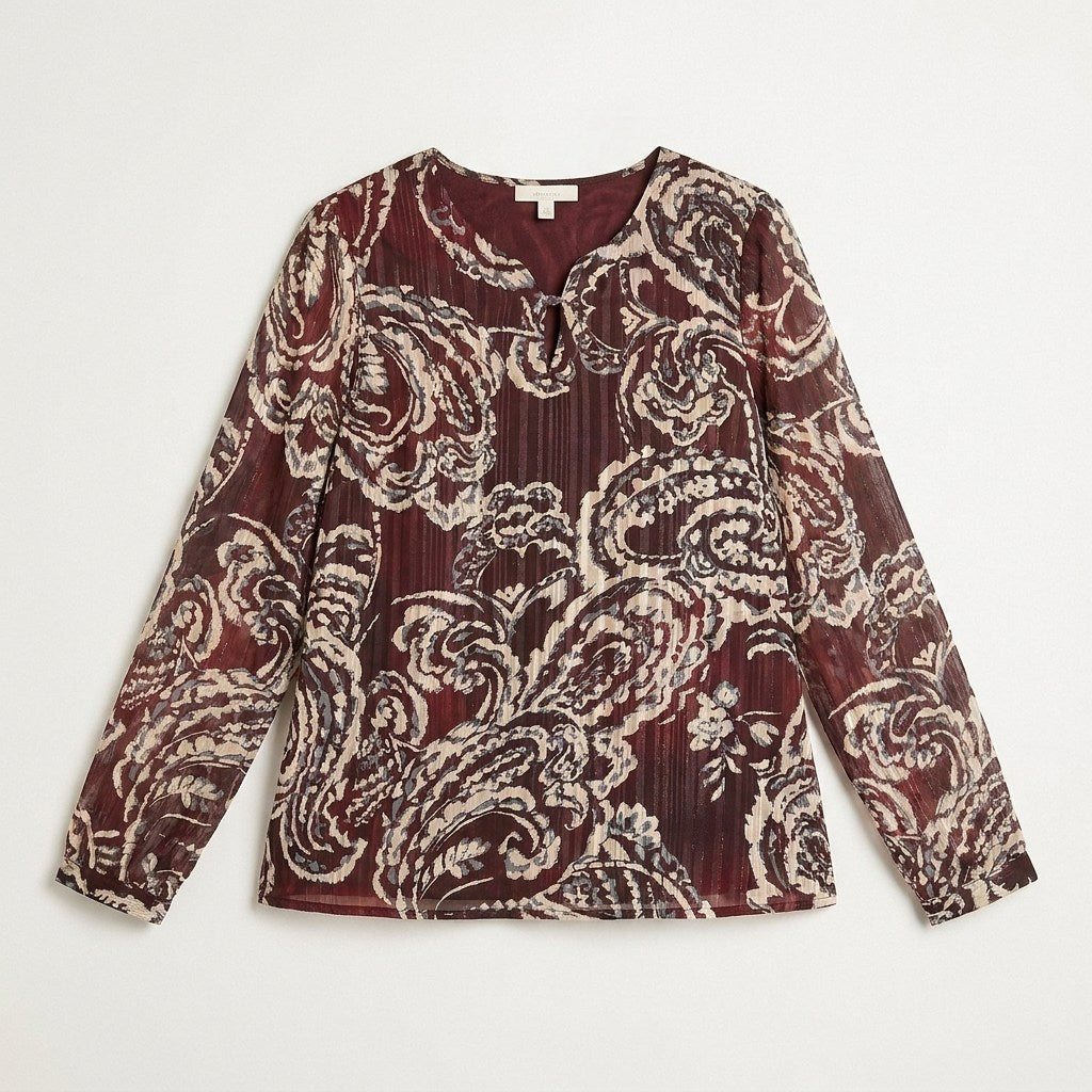 Blusa Burdeo Manga Larga Con Estampado Paisley Y Lúrex en plano