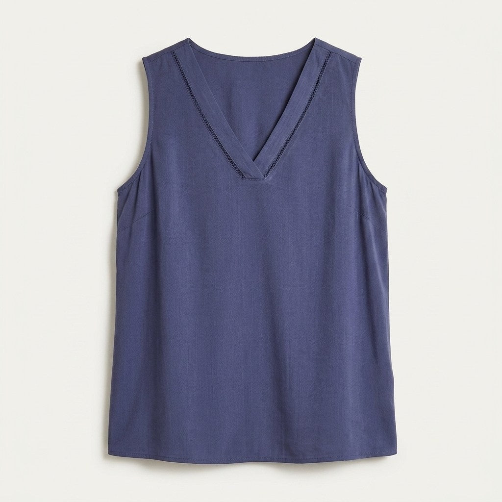 Blusa Azul Sin Mangas Con Escote en V en plano