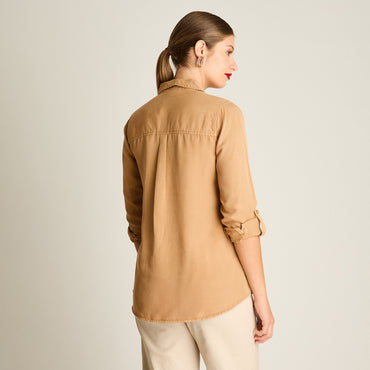 Blusa Camel Manga Larga Elasticidad Nula Sin Forro Calce Normal Tela Plano