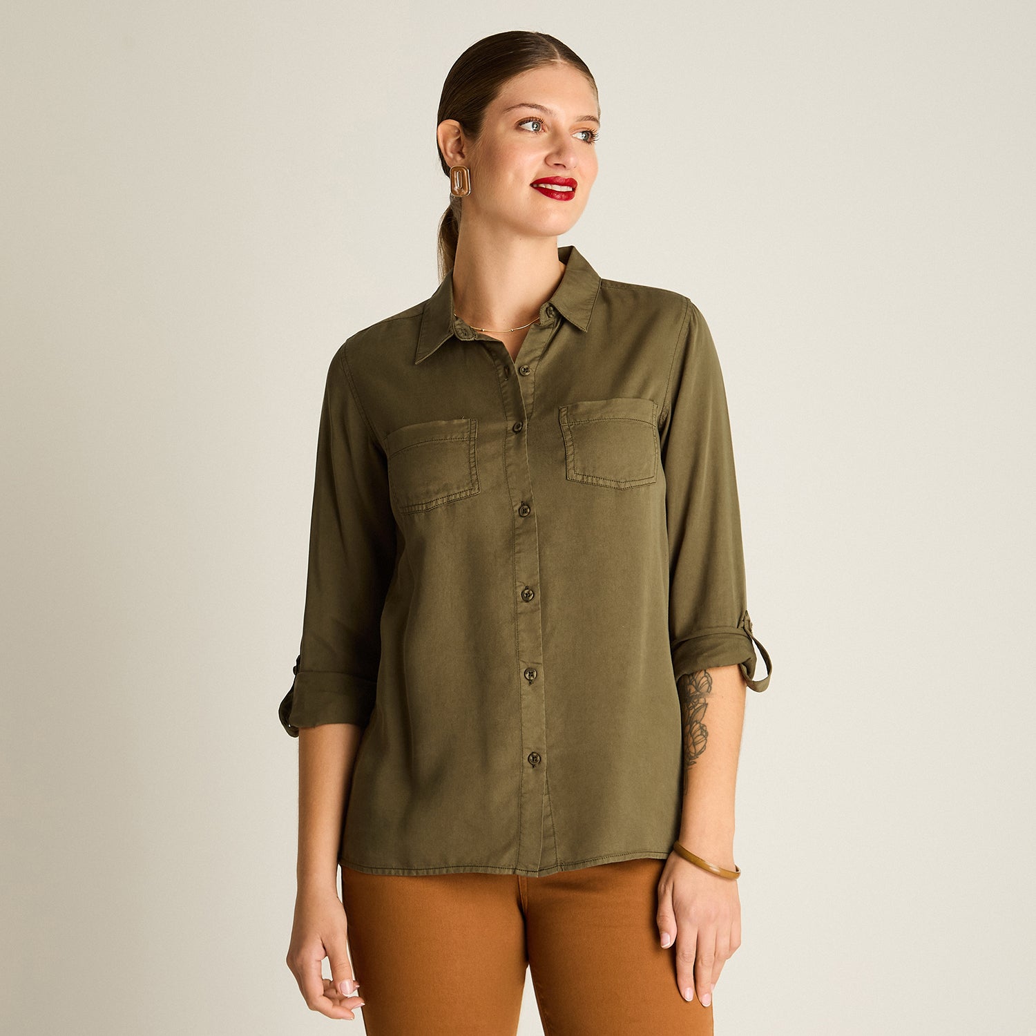 Blusa Verde Manga Larga Elasticidad Nula Sin Forro Calce Normal Tela Plano