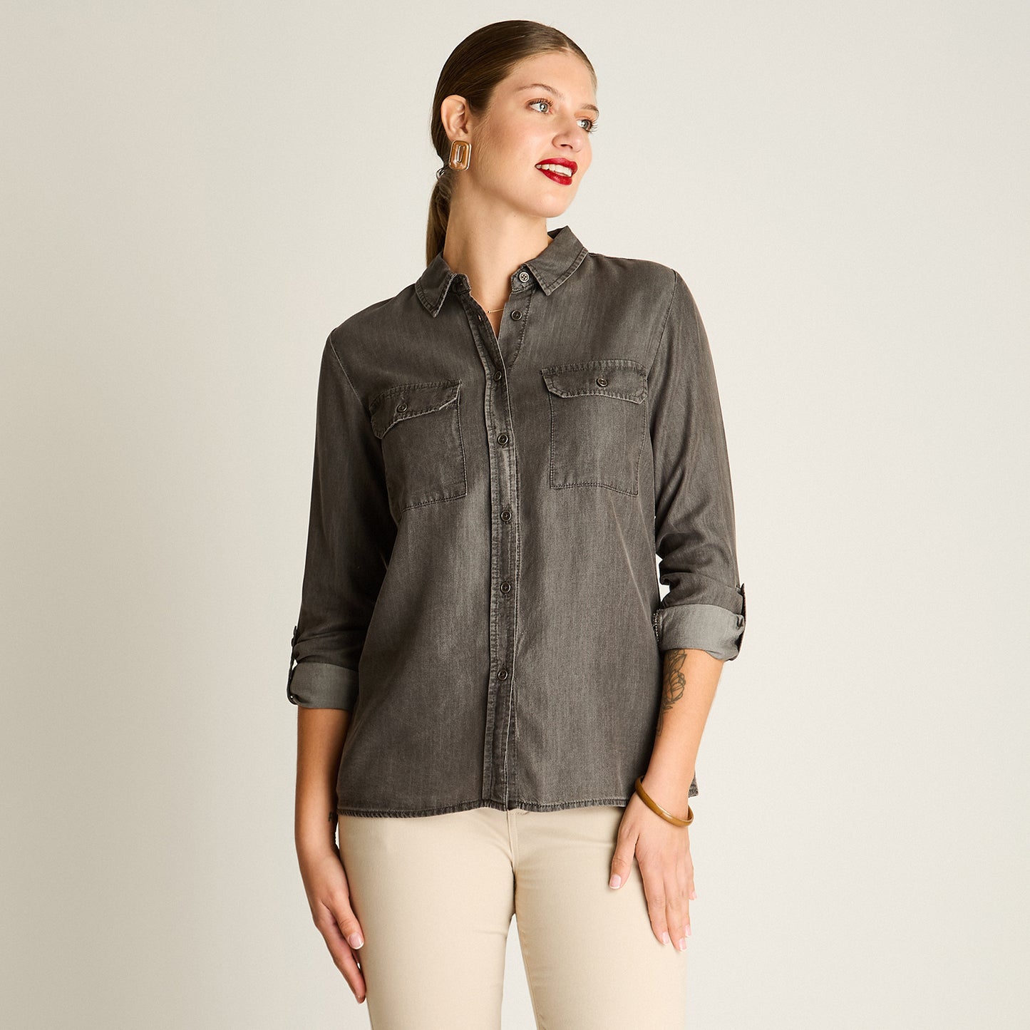 Blusa Gris Manga Larga Elasticidad Nula Sin Forro Calce Normal Tela Plano